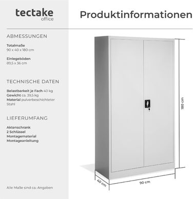 Картотечна шафа tectake, 180 x 90 x 40 см, офісна шафа, що замикається, багатоцільова сталева шафа, універсальна шафа, з 2 дверима, включаючи 5 полиць з регульованою висотою, картотечна шафа, що замикається - сіра