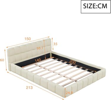 Ліжко з м&39якою оббивкою Bubble 140x200, двоспальне ліжко з м&39якою оббивкою 140x200 бежеве, дитяче ліжко, плоске ліжко для гостей, каркас ліжка з рейковою основою та узголів&39ям, лляне, без матраца (бежевий, 140x200 см) бежевий 140x200 см