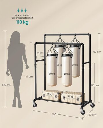 Вішалка для одягу SONGMICS, Штанга для одягу, Гардеробна підставка з 2 шт. ангами для одягу та полицею, Колеса, Вантажопідйомність до 110 кг, Промисловий дизайн, для спальні, Гардеробної, Чорний HSR60B Чорна одинарна рейка