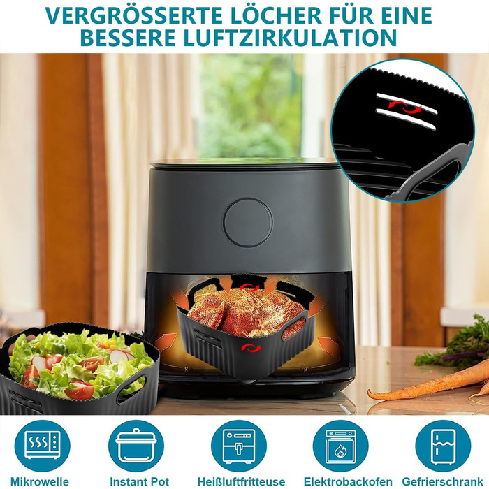 Силіконова форма 21 см для фритюрниці, 2 шт. аксесуари для фритюрниці XL Силіконова форма для випічки Philip XL 6.2 л, COSORI 5.5 л/4.7 л, Cecotec 6 л, багаторазова замість паперу для випічки аксесуари для фритюрниці чорний