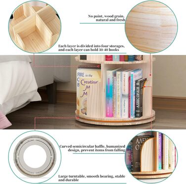 Поворотна книжкова полиця, стояча полиця, 360 градусів, полиця для зберігання в бібліотеці, спальні, вітальні, багатофункціональна книжкова полиця з масиву дерева (5 полиць)