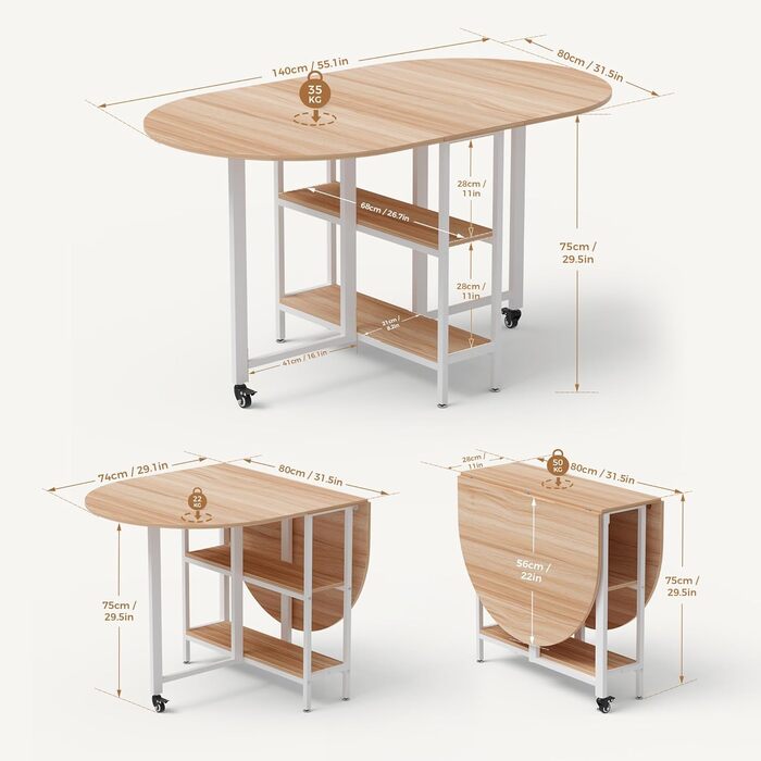 Мобільний розкладний обідній стіл Mondeer, розкладний стіл з 2 відкритими полицями, дизайн із заокругленими краями, їдальня-кухня для невеликих приміщень, 140 x 80 x 75 см, дуб та білий