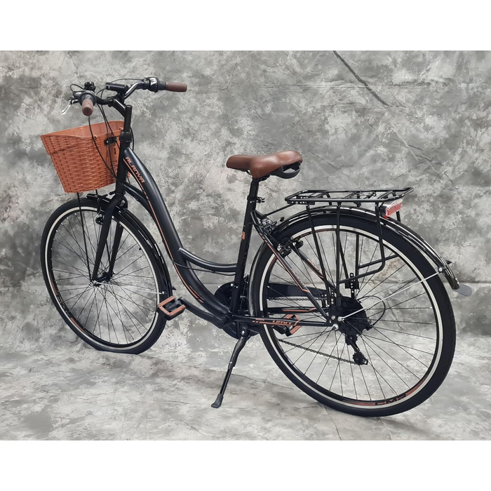 Звичайний жіночий міський велосипед Umit ALANYA 28″, 21-швидкісний перемикач швидкостей, багажник та кошик, НОВИЙ 2810-чорний