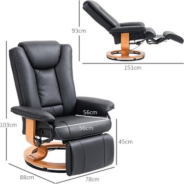 Крісло для телевізора HOMCOM з функцією відкидання, поворотне крісло для телевізора з регульованою спинкою, витримує до 150 кг, штучна шкіра, чорний колір