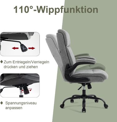 Ергономічне офісне крісло CASTLOVE - Робоче крісло зі спинкою - Відкидні підлокітники - Висока спинка - Регульована висота - Функція гойдання (Тканина офісного крісла сірого кольору, макс. 150 кг)