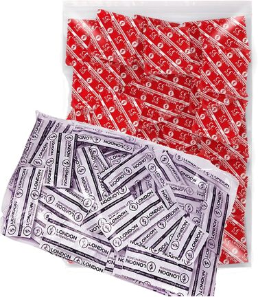 Презервативи London Q600 Moist - Sensi-fit для щільного прилягання та London Red Condoms - червоні презервативи зі смаком полуниці - зволожені силіконовим мастилом - 1000 шт.