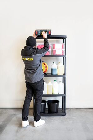 Пластиковий стелаж - з 5 полицями - висота 180 см, ширина 74 см - виготовлений з міцного пластику - для підвалу, гаража, комори, саду - до 50 кг/полиця - вставний стелаж - Чорний 180x74x40 см