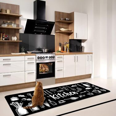 Килим для передпокою Alishomtll Runner, нековзний, 60x180 см, кухонний килимок, протиковзкий, можна прати, стійкий до плям, абсорбуючий, сучасний килимок, легкий у догляді, килимок для кухні, для вітальні, чорний, 60 x 180 см