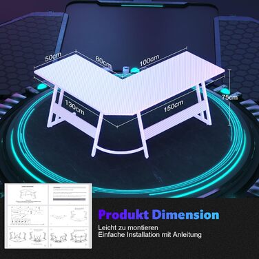 Г-подібний ігровий стіл Devoko з підставкою для монітора, кутовий стіл для геймерів, великий комп&39ютерний стіл для ПК, 150 x 130 см, вуглецеве волокно білого кольору