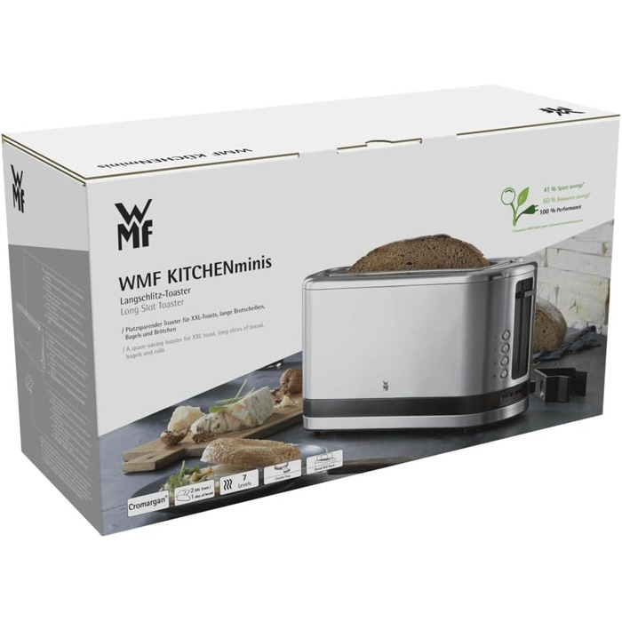 Тостер WMF Kitchen Miniis Довгий слот з насадкою для булочки, 2 скибочки, XXL, функція бублика, 7 рівнів підрум'янювання, 900 Вт, тостер з нержавіючої сталі матовий