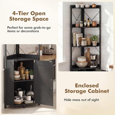 Кутова стелажна тумба GIANTEX з шафою та 6 полицями, кутова шафа заввишки 180 см з 5-ярусними регульованими полицями, окремостояча кутова вітрина з дверима, полиця для зберігання в індустріальному стилі (чорна)