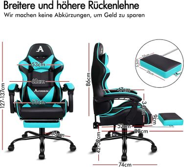 Ігрове масажне крісло ALFORDSON, нахил 150, ергономічне крісло керівника, шкіра синтетична з підставкою для ніг, регулювання висоти, спортивне крісло, вантажопідйомність 180 кг, блакитний Vogler - серія Cyan Vogler