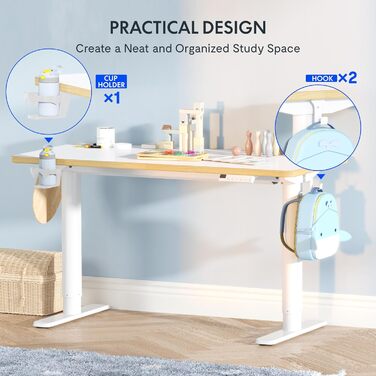 Дитячий письмовий стіл FLEXISPOT, з електричним регулюванням висоти, для дітей віком від 6 років, зі світлодіодним дисплеєм висоти, 3 положеннями пам&39яті, блокуванням від дітей та ергономічною стільницею, 110 x 52 см, білий