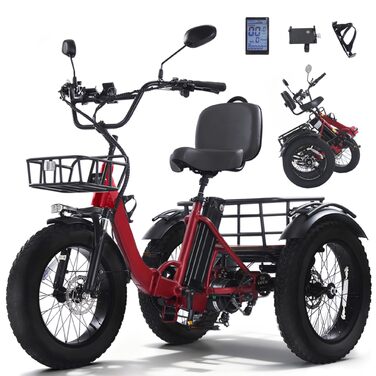 Електричний триколісний велосипед NOMOGO для дорослих, алюмінієвий складаний електровелосипед, акумулятор 48 В 15,6 Аг, 7-швидкісний електровелосипед, швидкість 25 км/год та запас ходу 90-110 км, товсті шини 20x4, передня частина та диференціал, комплексн