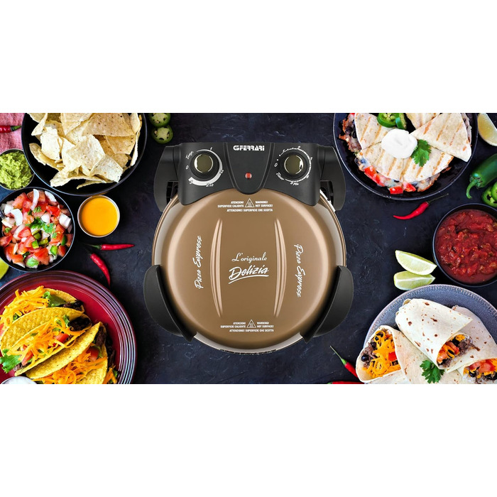 Піца Зовнішнє задоволення, Піч для піци, 1200 Вт, 400C, Скельна вогнетривка (діаметр 31 см), Таймер 5', Кулінарна книга в комплекті, Мідь, 3 Ferrari G10006