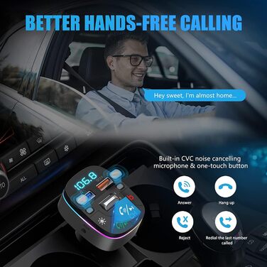 Автомобільний FM-передавач LENCENT Bluetooth 5.0, автомобільний зарядний пристрій QC3.0, радіоадаптер AUX Bluetooth, бездротові подвійні мікрофони та глибокі баси, підтримка гучного зв'язку, Siri, Google Assistant