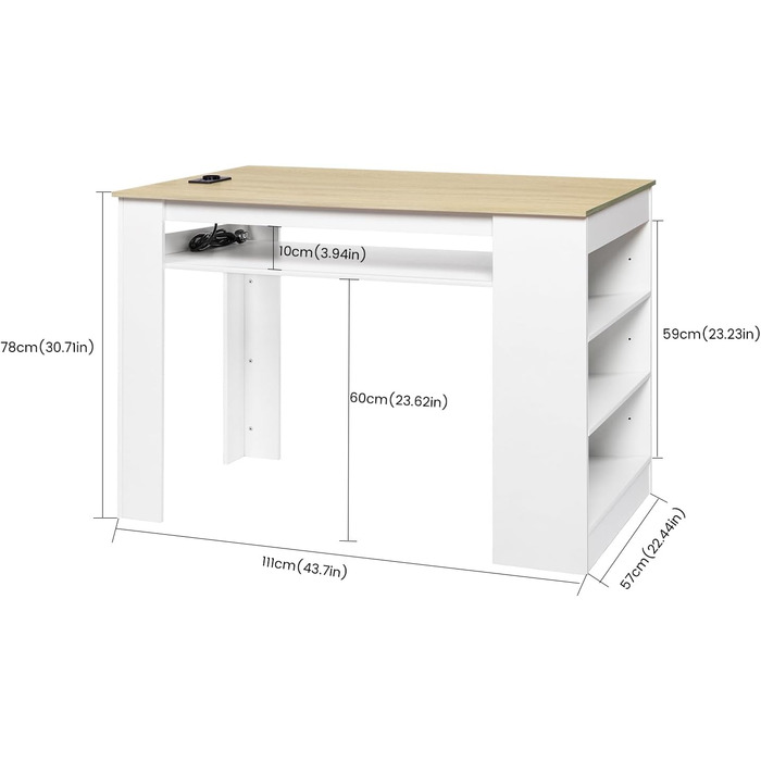 Багатофункціональний обідній стіл EGGREE з полицями для зберігання та розеткою - Кухонний стіл 110x60x78 см у дубовому декорі - Полиці з регульованою висотою, поверхня для зберігання, для невеликих приміщень у дубовому та білому кольорах