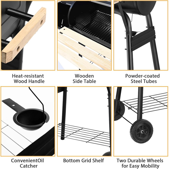 Гриль-коптильня вугільний KOMFOTTEU з димарем, 2-в-1, з термометром та колесами. Сталевий гриль-коптильник з бічним столиком та нижньою полицею, мобільний гриль-візок для пікніків, BBQ, 115x65x108 см