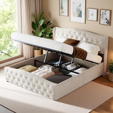 М&39яке ліжко 140x200 з місцем для зберігання, гідравлічне ліжко з місцем для зберігання, дитяче ліжко з узголів&39ям, каркас двоспального ліжка з ящиком для зберігання та рейковою основою, без матраца, оксамит (Бежевий 2, 140 x 200 см) Бежевий 2 140 x 20