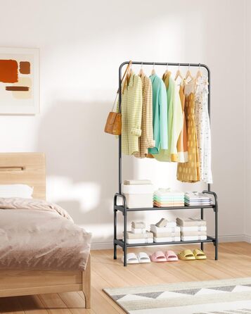 Вішалка для одягу - штанга для одягу з нековзними ніжками, шафа-стійка з 2-рівневим органайзером для взуття, вішалка для одягу для спальні, передпокою, 74 x 30 x 150 см, чорна 74 x 30 x 150 см чорна