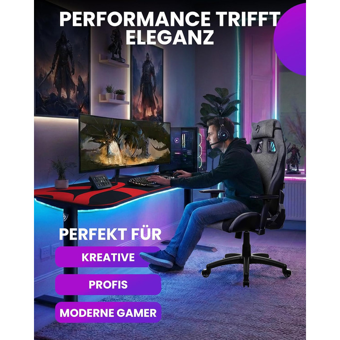 Ігрове крісло Arozzi Avanti Ергономічне ігрове крісло з мякої тканини, регульоване по висоті з регульованою спинкою та підлокітниками, підголівником, шведський дизайн для домашнього офісу та ігор Попелясто-сірий