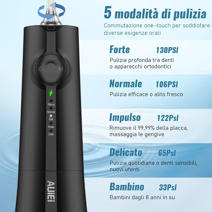 Бездротовий іригатор для зубів та брекетів, 300 мл, з 8 насадками-розпилювачами, 5 режимів роботи, водонепроникний IPX7, портативний для дому та подорожей, чорний