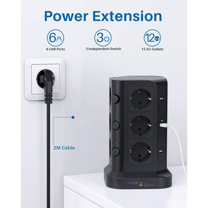 Шляховий подовжувач (4000 Вт/16А), 6 USB-розеток із захистом від перенапруги, індивідуально перемикається розетка для офісного кух