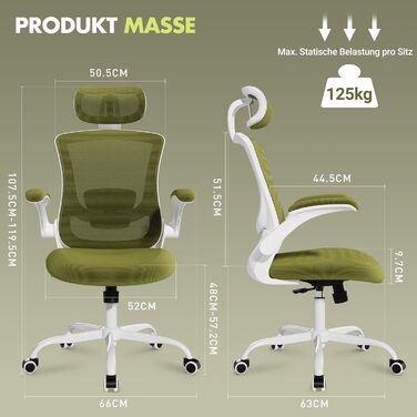 Офісне крісло COLAMY Mesh, комп&39ютерне крісло з регульованим підголівником та поперековою опорою, ергономічне робоче крісло з відкидними підлокітниками, функція нахилу 140, зелений класичний колір