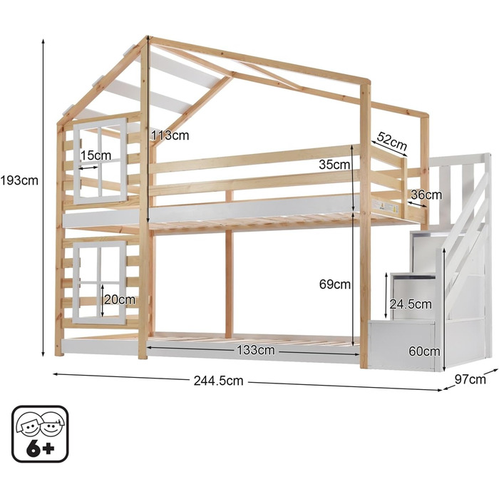 Дитяче ліжко Skcess 90 X 200 см будиночок на дереві з висувною шухлядою та захистом від випадіння, ліжко-горище для дітей - 2 шт.