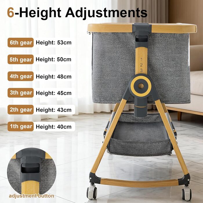 Портативне дитяче ліжко YAZOCO 3-в-1 з дихаючою сіткою та простирадлом, регульованою колискою з кошиком для зберігання (висока версія, сірий колір)