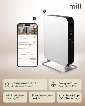 Електричний обігрівач Mill Oil Radator 2000 Вт - Розумний електричний обігрівач з WiFi та додатком, Електричний обігрівач для 24-28 м, Енергозберігаючий масляний радіатор, Тихий та безпечний електричний обігрівач, Розроблено в Норвегії - Білий 2000 Вт (24