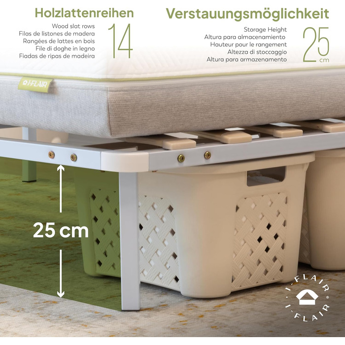Металеве ліжко i-flair з рейковою основою NAMARA 140x190 см - Висота 28 см, стабільне гостьове ліжко з місцем для зберігання на ніжках, підходить для всіх матраців - Біле 140x190 см Біле