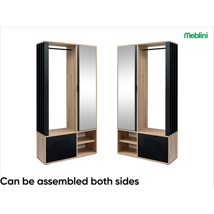 Шафа для передпокою з дзеркалом - Гардеробна шафа - Вузька шафа для передпокою - Комплект меблів для передпокою - Висока шафа для передпокою - Мілано - 100x33x190 см П/Л - Дуб Артісан/Чорний