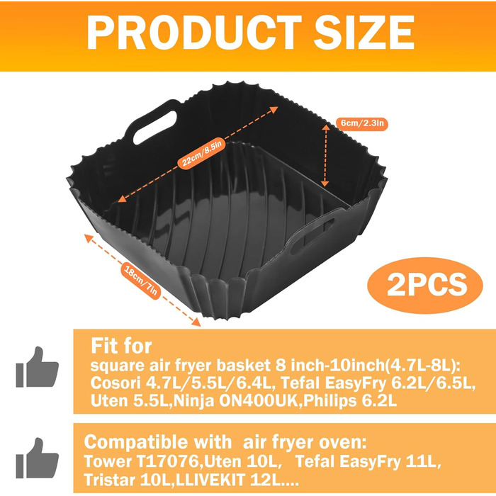 Силіконовий піддон для фритюрниці, аксесуари для фритюрниці, квадратний піддон для фритюрниці, багаторазовий кошик/лоток для фритюрниці Cosori 4.7 л - 5.5 л, башта, фритюрниця або духовка Tefal (2 шт. и/чорний)