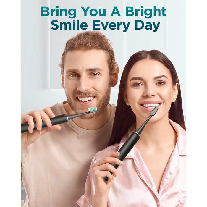 Електрична звукова зубна щітка для дорослих з 8 насадками, дорожнім кейсом, 5 режимами, водонепроникністю IPX7 та 90 днями роботи від акумулятора, чорного кольору, (в упаковці)