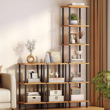 Ярусна книжкова полиця HOOBRO, окремостояча полиця в ретро стилі, полиця для DVD, офісна полиця, відкриті полиці, легке складання, для вітальні, офісу, вінтажний коричневий та чорний EBF165SJ01 38 x 28 x 166,5 см, рустикальний коричневий чорний, 6-