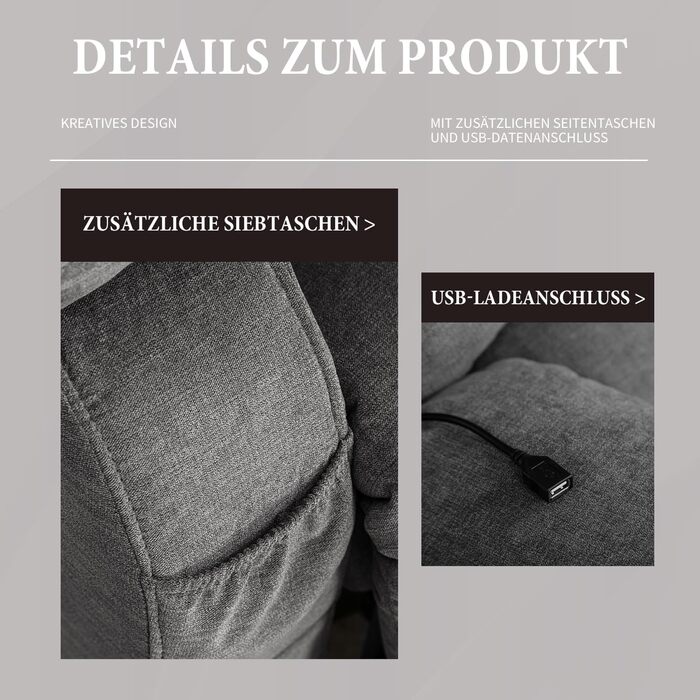 Регульоване крісло для телевізора Bosmiller з електричним підйомником, функцією обігрівача, масажу та підігріву, сірого кольору