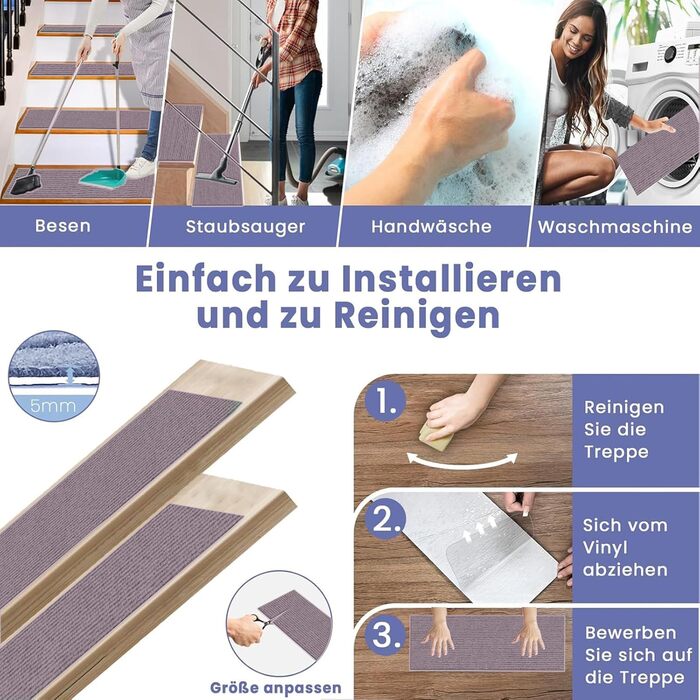 Сходинки 20 x 56 см, м&39який ворс, самоклеючі та протиковзкі, можна різати, багаторазові, 5 протиковзких сходинок, килимки для сходів для дітей та домашніх тварин, A