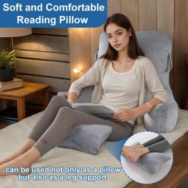 Подушка для читання на ліжко, 90 x 80 см (ДxВ), XXL спинна подушка для диванів для дорослих з підлокітниками та знімним потиличним валиком, спинка для читання з кишенею для ліжка, дивана, підлоги та стільця, світло-сіра