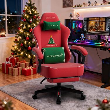 Ігрове крісло GTPLAYER з різдвяним мотивом, ігрове крісло з підставкою для ніг, надзвичайно широке сидіння, з пір&39яною подушкою, вантажопідйомність 150 кг для великих та сильних людей Оксамит