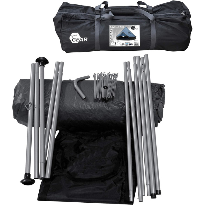 Намет Ravello 500 Teepee Tent для 6-8 осіб Сімейний намет Висота над головою Підлоговий піддон Водонепроникний 5000 мм Синій сірий