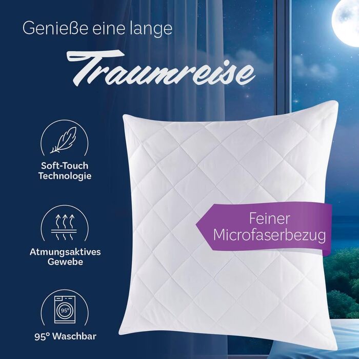 Стьобані подушки з мікрофібри 80x80 см Підходять для алергіків, сертифіковані Oeko-Tex, наповнювач з волокна, вага наповнювача 1000 г Можна прати в пральній машині при 95C 80x80 см (2 шт.), 7dreams 2 шт.