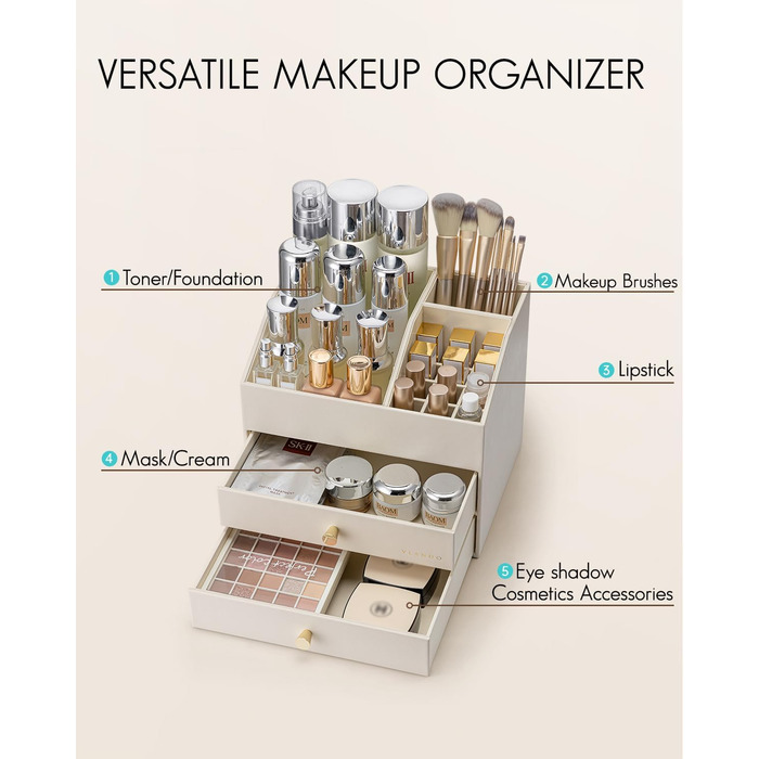 Органайзер для макіяжу VLANDO з 3 шухлядами, органайзер для туалетного столика, органайзер для косметики, органайзер для макіяжу для ванної кімнати, догляд за шкірою комода, бежевий