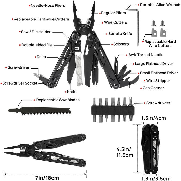 Багатофункціональні складані плоскогубці BIBURY 16-в-1 з покращеними ножицями та викруткою, з нейлоновим чохлом, ідеально підходять для активного відпочинку, походів, самостійного ремонту, подарунка для тата, для чоловіків, чорного кольору