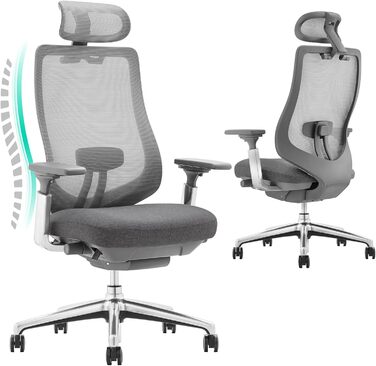 Ергономічне офісне крісло COLAMY XK Atlas, сітчасте крісло керівника з регульованим підголівником, комп&39ютерне крісло, поворотне крісло з 4D підлокітниками, алюмінієва основа/розсувне сидіння/фіксатор нахилу, темно-сірий колір