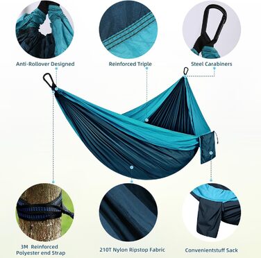 Гамак для кемпінгу на відкритому повітрі, вантажопідйомність 300 кг (300 x 200 см), одинарний або подвійний, надлегкий, портативний, дорожній гамак, садовий, пляжний, подвійний гамак, гамак-парашут, нейлоновий, дихаючий, зелений