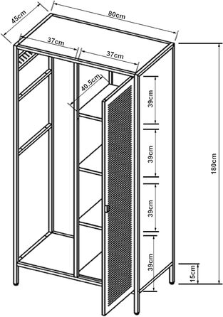 Шафа Puumala 180 x 80 x 45 см Шафа для спальні Металева шафа з 4 полицями та 1 вішалкою для одягу Металева шафа для одягу Біла