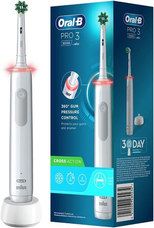 Електрична зубна щітка Oral-B PRO 3 3000 CrossAction, з 3 режимами чищення та візуальним регулюванням тиску на 360 для догляду за зубами, подарунок чоловіку/жінці, дизайн від Braun, білий