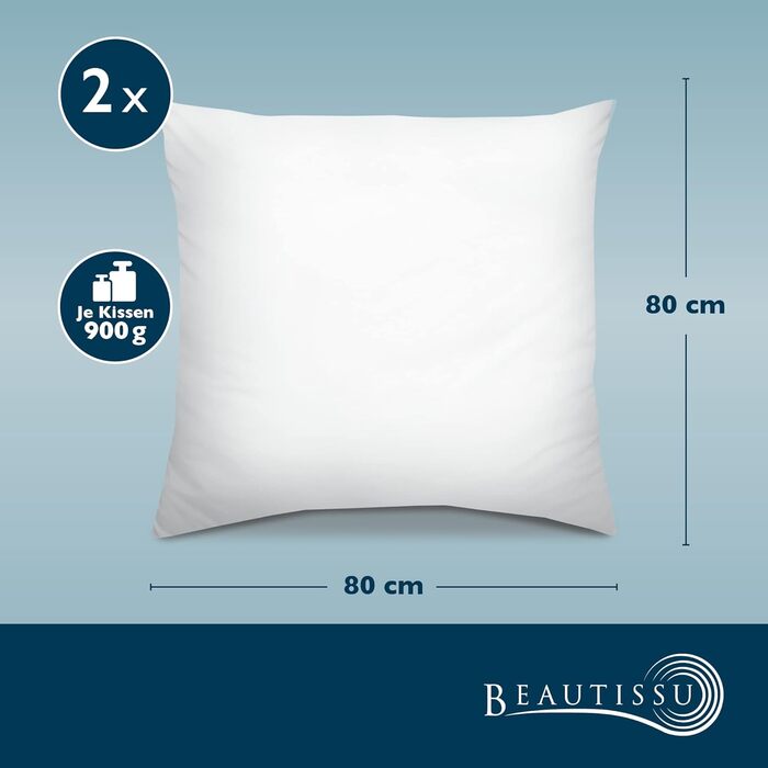 Комплект із 2 подушок Beautissu 80x80 см, стьобані подушки з мікрофібри 800 г, наповнювач з внутрішнього шва - подушки для сну, які можна прати, в подвійній упаковці - підходить для алергіків та має сертифікат Oeko-TEX - BeautNuit UK 80x80 см (2 шт.)