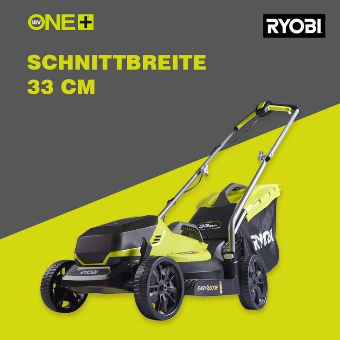 Акумуляторна газонокосарка RYOBI 18 V ONE OLM1833B (ширина зрізу 33 см, 5-позиційне регулювання висоти 25-65 мм, складна ручка, вкл. мульчувальний клин, 35-літровий мішок для трави, без акумулятора та зарядного пристрою в коробці) 33 см ширина зрізу без а